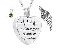 Memorial Box for Human Ashes,Heart with Birthstone Angel Wing and ECG Engraving I Love You Forever Grandma Stainless Steel Pendant Urn Pendant for Ashes