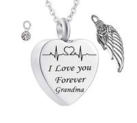 Memorial Box for Human Ashes,Heart with Birthstone Angel Wing and ECG Engraving I Love You Forever Grandma Stainless Steel Pendant Urn Pendant for Ashes