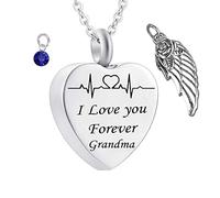 Memorial Box for Human Ashes,Heart with Birthstone Angel Wing and ECG Engraving I Love You Forever Grandma Stainless Steel Pendant Urn Pendant for Ashes