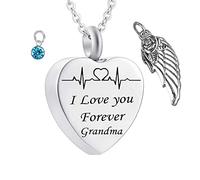 Memorial Box for Human Ashes,Heart with Birthstone Angel Wing and ECG Engraving I Love You Forever Grandma Stainless Steel Pendant Urn Pendant for Ashes