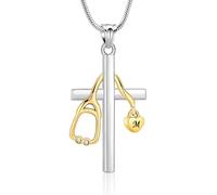 memorial jewelry Pendentif pour cendres - Collier en acier inoxydable avec pendentif en forme de croix avec stéthoscope et initiale personnalisable pour infirmières, médecins, héros de santé