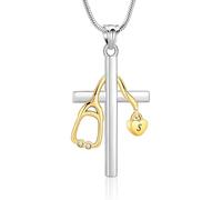 memorial jewelry Pendentif pour cendres - Collier en acier inoxydable avec pendentif en forme de croix avec stéthoscope et initiale personnalisable pour infirmières, médecins, héros de santé