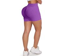 Memoryee Femmes nid d'abeille froncé Taille Haute Yoga Shorts Gym Fesses Levage Chaud Leggings entraînement Ventre contrôle Collants de Course/Purple/M