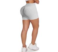 Memoryee Femmes nid d'abeille froncé Taille Haute Yoga Shorts Gym Fesses Levage Chaud Leggings entraînement Ventre contrôle Collants de Course/Grey/S