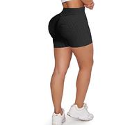 Memoryee Femmes nid d'abeille froncé Taille Haute Yoga Shorts Gym Fesses Levage Chaud Leggings entraînement Ventre contrôle Collants de Course/Black/L