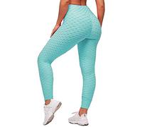 Memoryee Leggings Femme Anti-Cellulite Push Up Butt Lift Elastique Taille Haute Grande Taille Sport Pantalon de Yoga/Aqua Blue/XL