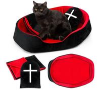 Memorywuu Parure de lit Gothique 3 pièces pour Chat avec lit Lavable de 48,3 cm en Forme de Cercueil pour Chat, Coussin en Pierre tombale Noire, Couverture Rouge et Noire, mobilier Gothique, Centre