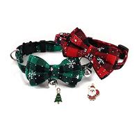 MEMOVAN Lot de 2 colliers de Noël pour chat avec nœud papillon et clochette, motif écossais rouge et vert avec nœud papillon amovible