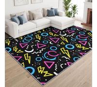 Memphis Pop Géométrique Tapis Poils Courts Résistant aux Griffures Animaux, Couleurs Néon Triangles Cercles Tapis 240 x 300 cm Chambre Lavable et Antidérapant pour Bureau entrée Salon