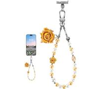 memumi Chaîne de téléphone universelle, pendentif pour téléphone, cordon perlé courte, dragonne main, bracelet de téléphone, cordon avec fleur pour femme -Jaune