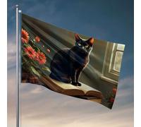 Men Cave Decor Un chat noir assis sur un livre ouvert, entouré de fleurs vibrantes. Drapeau d'automne, drapeau de jardin, bateau (60 x 90 cm)