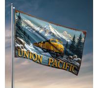 Men Cave Decor Union Pacific : Drapeau d'aventure de chemin de fer de montagne recouvert de neige Règles rétro Décoration de chambre (60 x 90 cm)