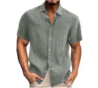 Men Cotton Linen Shirt Short Sleeve Button Down Casual Beach Vacation Top
