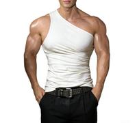 Men Off-Shoulder Tank Top Sleeveless Muscle Vest(White M)