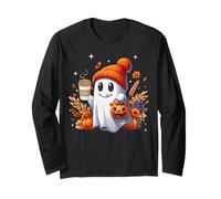 Men Women Autumn Cute Ghost Drinking Coffee Spooky Halloween Manche Longue