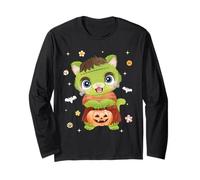 Men Women Kids Groovy Retro Pumpkin Cat Spooky Halloween Manche Longue