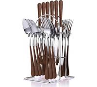 Ménagère 24 pièces en acier inoxydable avec porte-couverts argenté, cuillères, fourchettes et couteaux, service de vaisselle pour 6 personnes, doré miroir poli et rose mat (marron)