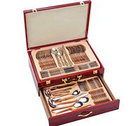 CURZLERH Ménagère 72 pièces, Coffret en Bois plaqué Or Arabesque, Couverts, cuillère, Coffret Cadeau pour 4 Personnes - pour réunion de Famille, conférence, Pique-Nique, Passe au Lave-Vaisselle