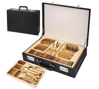 Ménagère 72 pièces en acier inoxydable avec coffret cadeau, cuillères polies miroir, valise en cuir