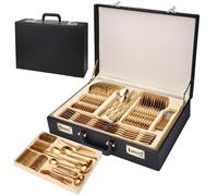 Ménagère 72 pièces en acier inoxydable avec coffret cadeau, cuillères polies miroir, valise en cuir
