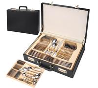 Ménagère 72 pièces en acier inoxydable avec coffret cadeau, cuillères polies miroir, valise en cuir