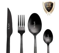 Ménagère Couverts Noirs Mats 16 Pièces Inox - Set Couvert de Table Design "Bon Appétit" Gravé - Coffret Cadeau pour 4 Personnes Acier Inoxydable - Zinello Design