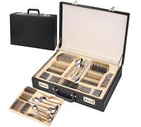 Ménagère de 84 pièces en acier inoxydable dans une élégante valise en cuir - Parfait pour les cuisines familiales, les restaurants et les hôtels - Passe au lave-vaisselle et poli miroir