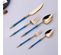Ménagère de luxe en acier inoxydable bleu doré - 5 pièces, motif pilier romain, couteau à steak, fourchette, cuillère et cuillère à café - Couverts de table élégants pour les occasions spéci