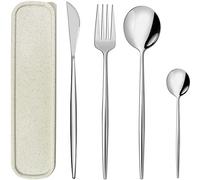 Ménagères Assorties en Acier Inoxydable, 4 Pcs Couverts Camping Set de Voyage, Portable Table Couverts avec Porte-couverts Écologique en Paille de Blé pour l'extérieur, École Lunch Box
