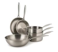 MENASTYL - Batterie de cuisine 5 pièces inox 18/10 Triply tous feux dont induction fabriquée en France sans PFAS - Compatible lave-vaisselle - 2 poêles, 2 casseroles, 1 wok - Poignée rivetée - 6014204