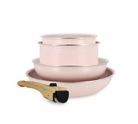 MENASTYL - Batterie de Cuisine Amovible Empilable - Tous Feux Dont Induction - Revêtement Céramique Antiadhésif sans PFAS - Gamme Colorama - Couleur Rose - 2 Poêles + 2 Casseroles + 1 Poignée