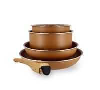 MENASTYL - Batterie de Cuisine Amovible Empilable - Tous Feux Dont Induction - Revêtement Céramique Antiadhésif sans PFAS - Gamme Colorama - Couleur Noisette - 2 Poêles + 2 Casseroles + 1 Poignée