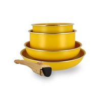 MENASTYL - Batterie de Cuisine Amovible Empilable - Tous Feux Dont Induction - Revêtement Céramique Antiadhésif sans PFAS - Gamme Colorama - Couleur Safran - 2 Poêles + 2 Casseroles + 1 Poignée