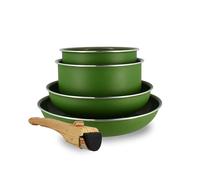 MENASTYL - Batterie de Cuisine Amovible Empilable - Tous Feux Dont Induction - Revêtement Céramique Antiadhésif sans PFAS - Gamme Colorama - Couleur Olive - 2 Poêles + 2 Casseroles + 1 Poignée