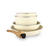 MENASTYL - Batterie de Cuisine Amovible Empilable - Tous Feux Dont Induction - Revêtement Céramique Antiadhésif sans PFAS - Gamme Colorama - Couleur Crème - 2 Poêles + 2 Casseroles + 1 Poignée