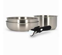 MENASTYL - Batterie de cuisine inox 18/10 amovible 4 pièces Iris Inox sans PFAS - Tous feux dont induction, four, réfrigérateur et lave-vaisselle - Empilable et résistante - Poignée double sécurité