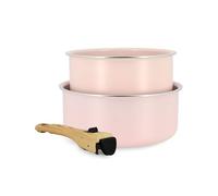 MENASTYL - Lot de 2 Casseroles Amovibles Empilables 16 et 18 cm - Tous Feux Dont Induction - Revêtement Céramique Antiadhésif sans PFAS - Gamme Colorama - Couleur Rose - 98% Aluminium Recyclé