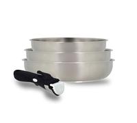 MENASTYL - Lot de 3 poêles inox 18/10 amovibles Iris Inox sans PFAS - Tous feux dont induction, four, réfrigérateur et lave-vaisselle - Empilables et résistantes - Poignée double sécurité