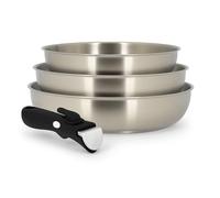 MENASTYL - Lot de 3 poêles inox 18/10 amovibles Iris Inox sans PFAS - Tous feux dont induction, four, réfrigérateur et lave-vaisselle - Empilables et résistantes - Poignée double sécurité