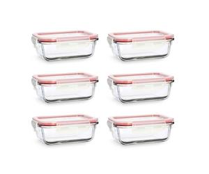 MENASTYL - Lot de 6 boites alimentaires hermétiques rectangulaires en verre borosilicate Clémentine avec couvercles - 370 ml - Empilables - Idéal batch cooking - 6014016