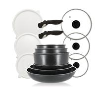 MENASTYL - set de 14 pièces - 3 poêles 20/24 / 28 cm + 3 casseroles 16/18 / 20 cm + 3 couvercles en verre 20/24 / 28 cm + 3 couvercles hermétiques + 2 poignées amovibles - 6020287