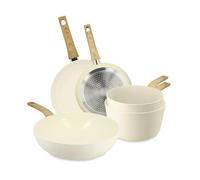 MENASTYL - Set de 5 pièces Colorama crème - Poêles/Casseroles/Wok - En aluminium - Revêtement antiadhésif en céramique - Tous feux dont induction