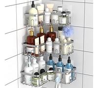 Menbyci Lot de 3 paniers de douche d'angle, étagère de douche d'angle avec 18 crochets, étagères de douche adhésives en acier inoxydable pour rangement de salle de bain (argent)