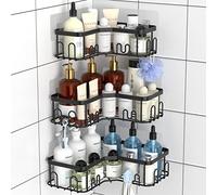 Menbyci Lot de 3 paniers de douche d'angle, étagère de douche d'angle en acier inoxydable avec 18 crochets, étagères de douche adhésives pour rangement de salle de bain (noir)