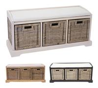 Mendler - Banc / Banquette Bienne, Boîte De Rangement, 3 Paniers, Treillis En Rotin Kubu, 112x46x37cm - Blanc