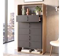 Buffet haut HWC-P43, buffet haut, commode, 5 tiroirs, MDF, 155 x 80 x 41 cm aspect chêne Rivera, gris foncé