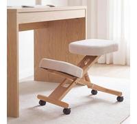 Tabouret à genoux HWC-Q46, tabouret à assise et repose-genoux réglable en hauteur, roulettes, tissu/textile (200 g/m²), bois crème