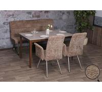 Set De Salle À Manger Hwc-G55, Set De 2 Chaises Avec Accoudoirs+Banc 160cm, Inox Brossé Tissu/Textile Chenille Brun Marron