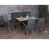 Set de Salle à Manger HWC-G55, Set de 4 chaises avec accoudoirs+Banc 160cm, INOX brossé Tissu/Textile Chenille - Bleu-Vert