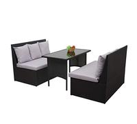 Mendler Ensemble en polyrotin HWC-G16, Jardin, gastronomie, 2X canapé 2 Places, Table - Noir, Coussin Gris Clair
